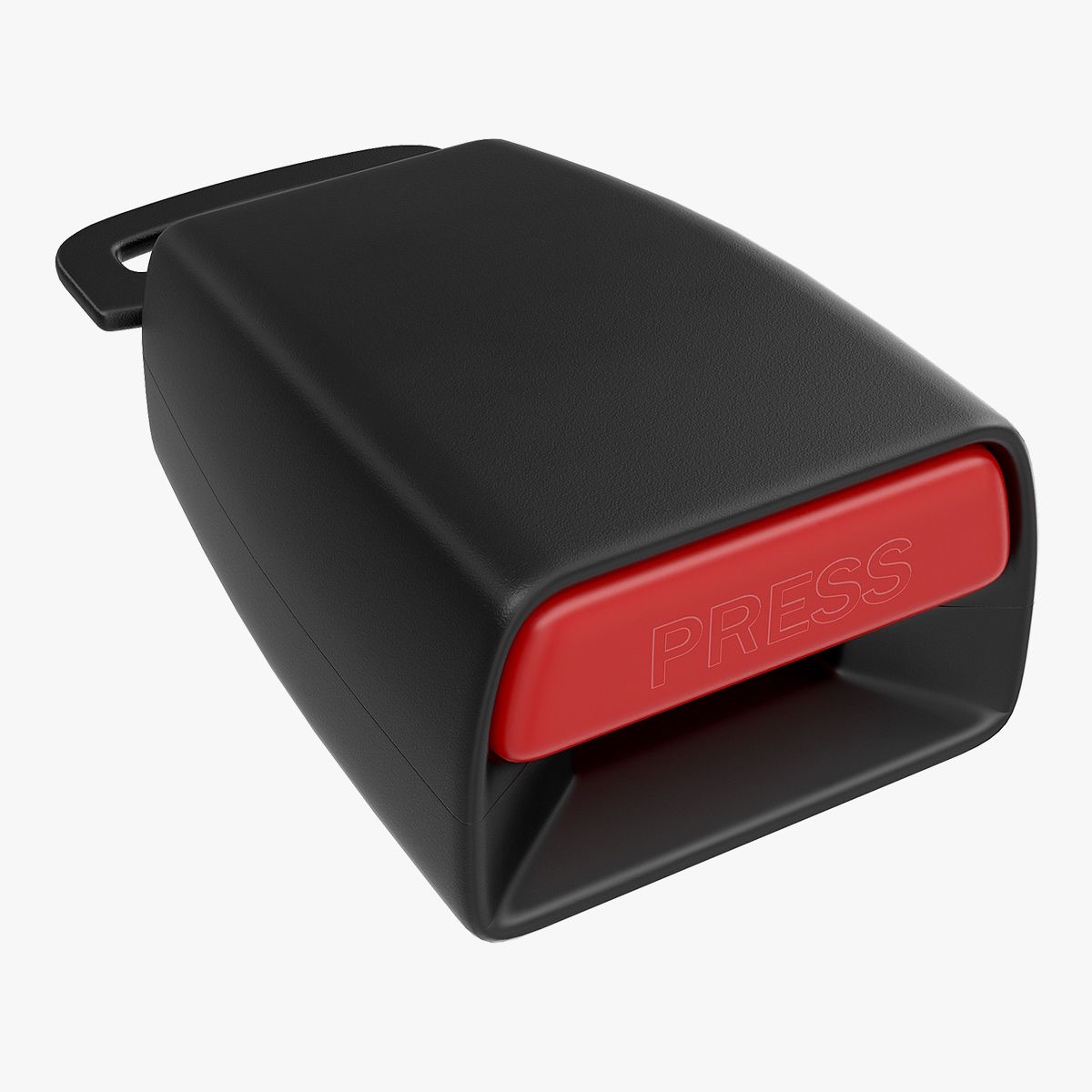 Close study of a black automotive seatbelt buckle receptacle with a red release button and an anchor tab, photographed on a plain light background.